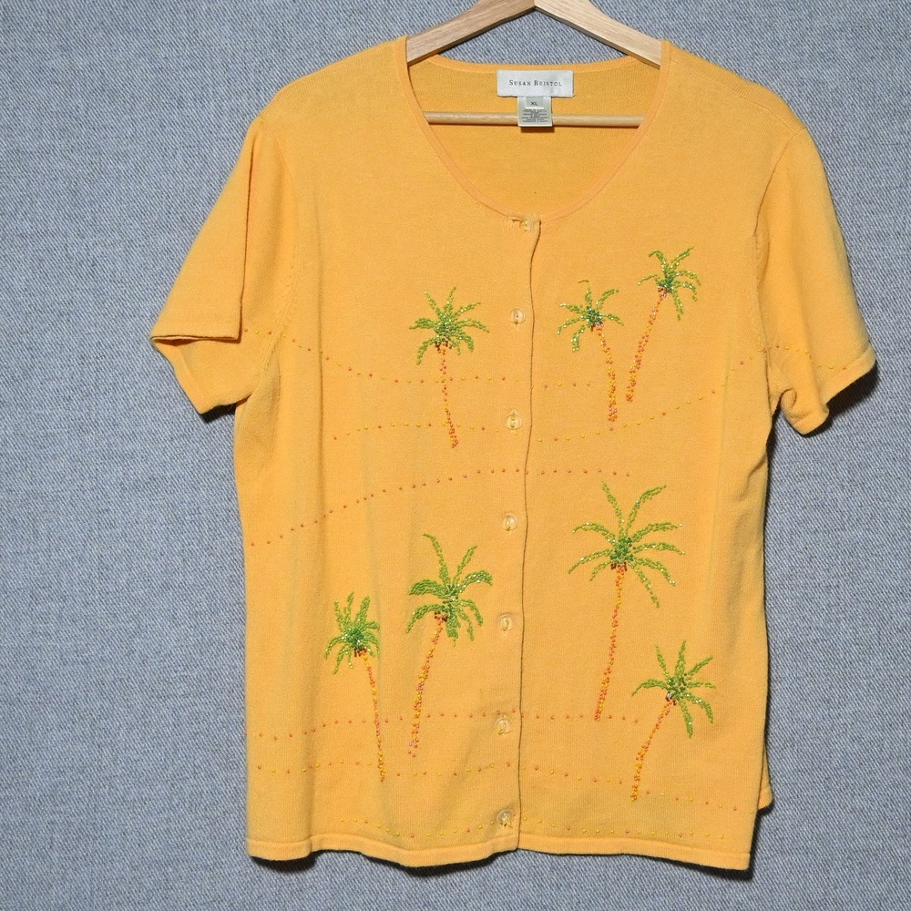 Susan Bristol Cardigan Womens Beaded Palm Tree Tropical XL Yellow